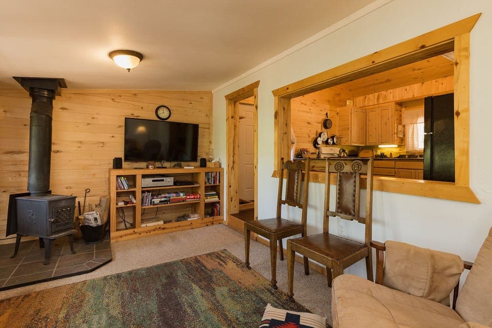 Living Area with Wood Stove, Smart TV