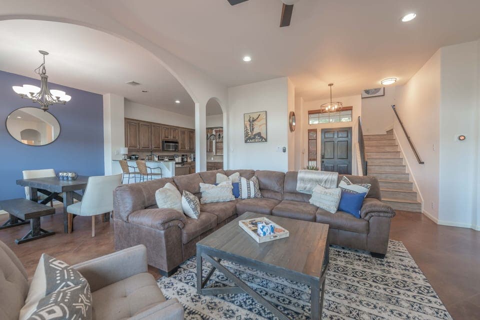 Cozy interior with lots of natural light from the wall of windows!