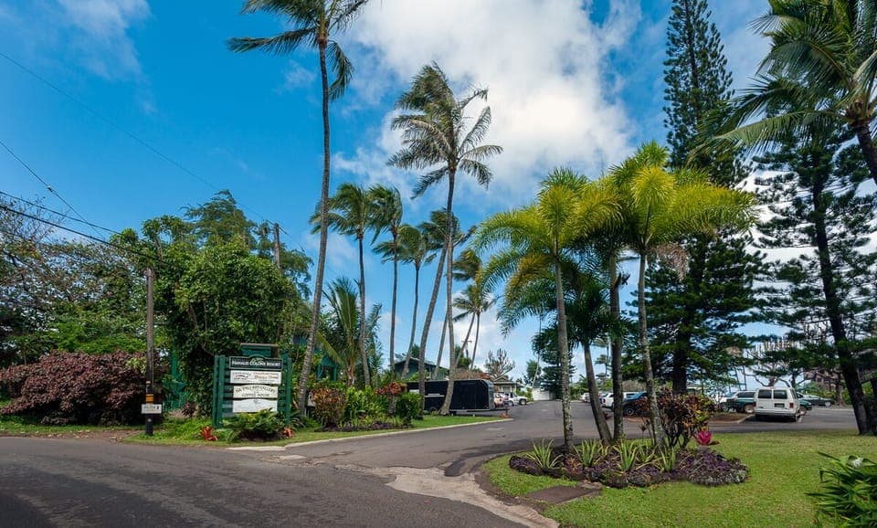 The entrance to the Hanalei Colony Resort. The beautiful landscaping and tropical plants are just a taste of what's inside!