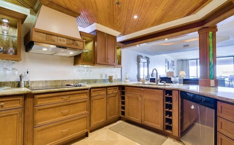 Remodeled, Updated Kitchen and tile floor - custom wood ceiling