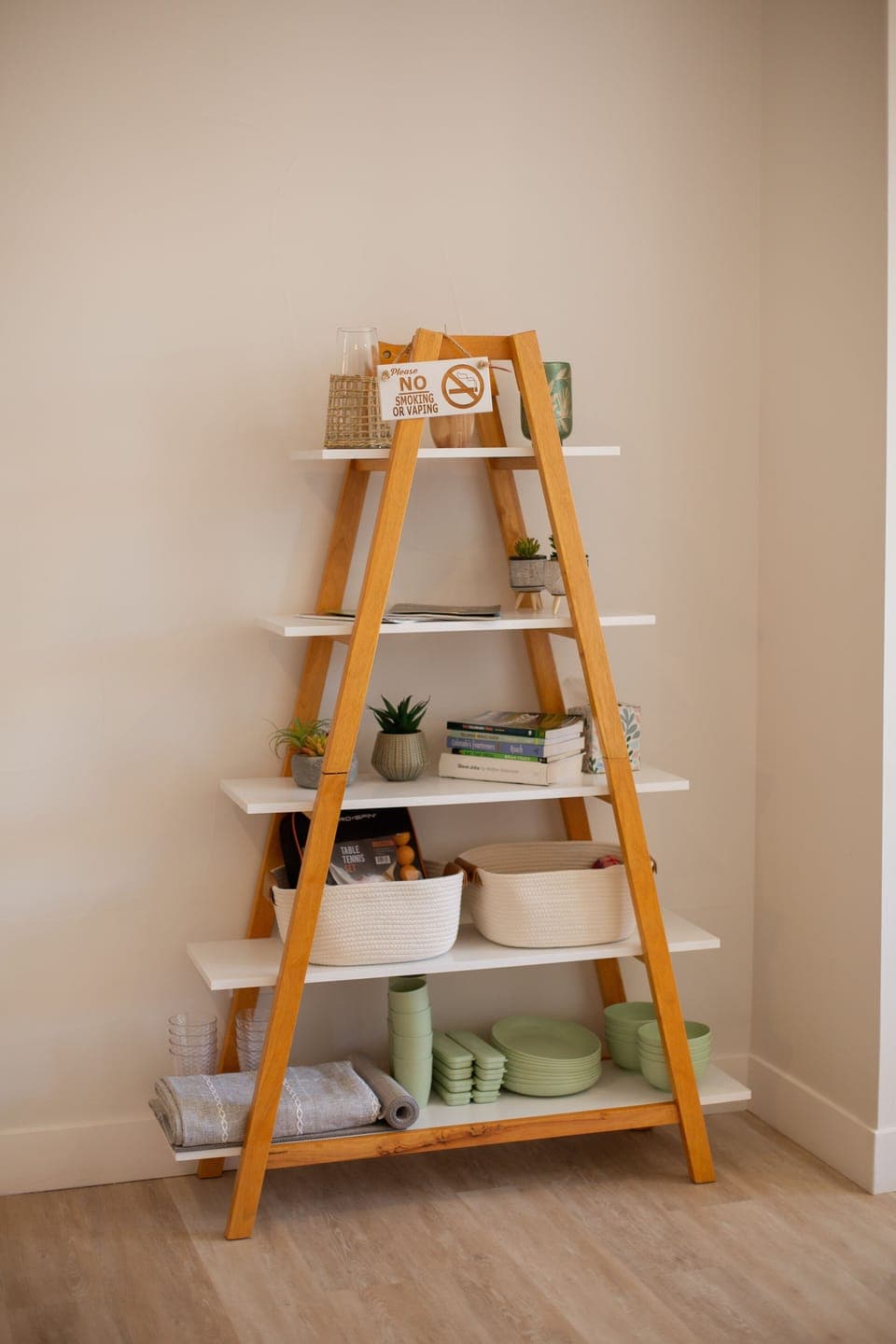 Office shelves with plenty of plates, cups, etc to entertain