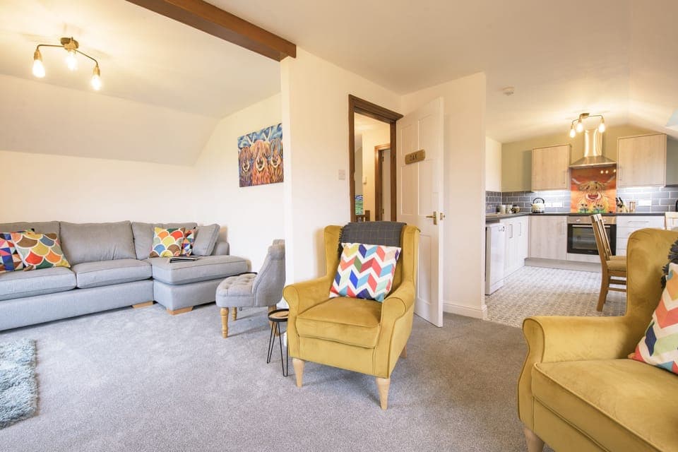 Oak Lodge House, Leyburn: Delightful open-plan area overlooks lower Wensleydale from a Juliet balcony