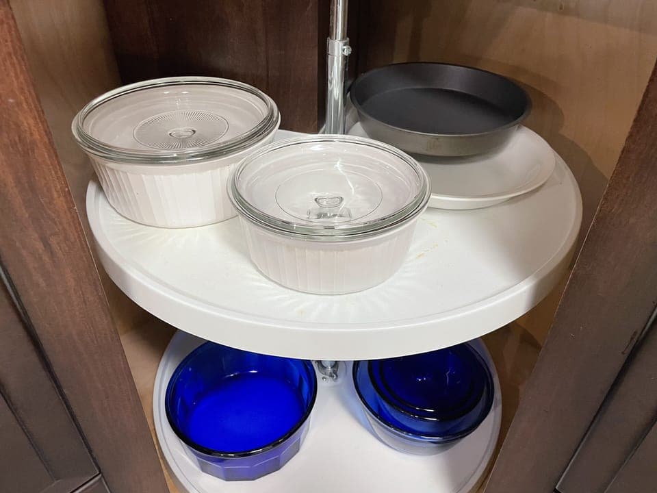 Corning ware, pie plates, and mixing bowls.