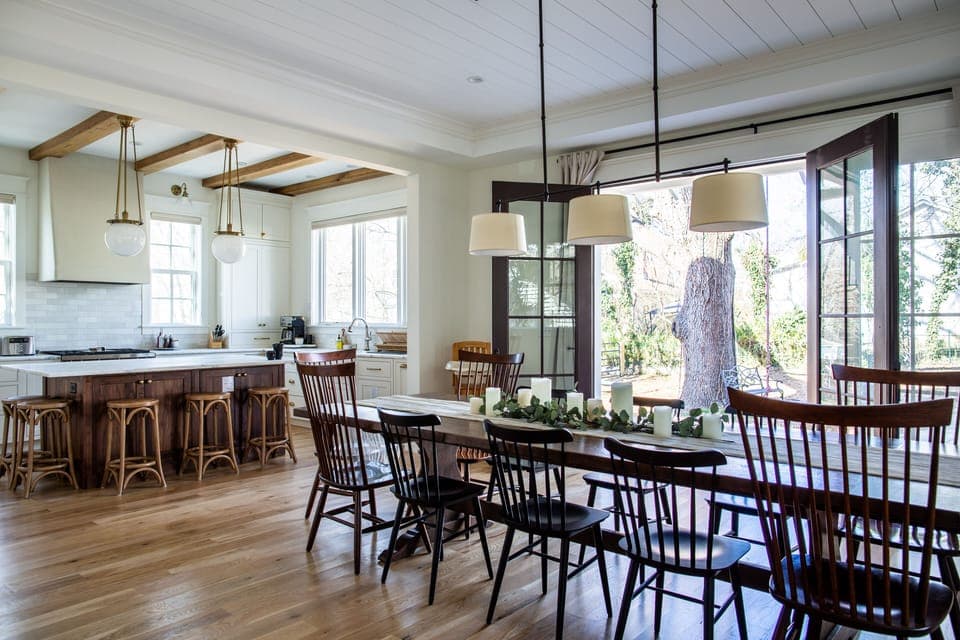 The dining room table expands to seat 14 adults comfortably.