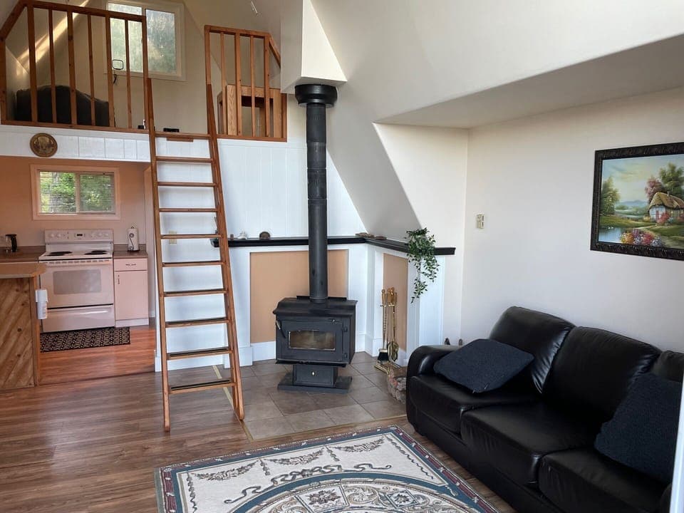 The wood-burning fireplace keeps you cozy. The loft bedroom is up the ladder.