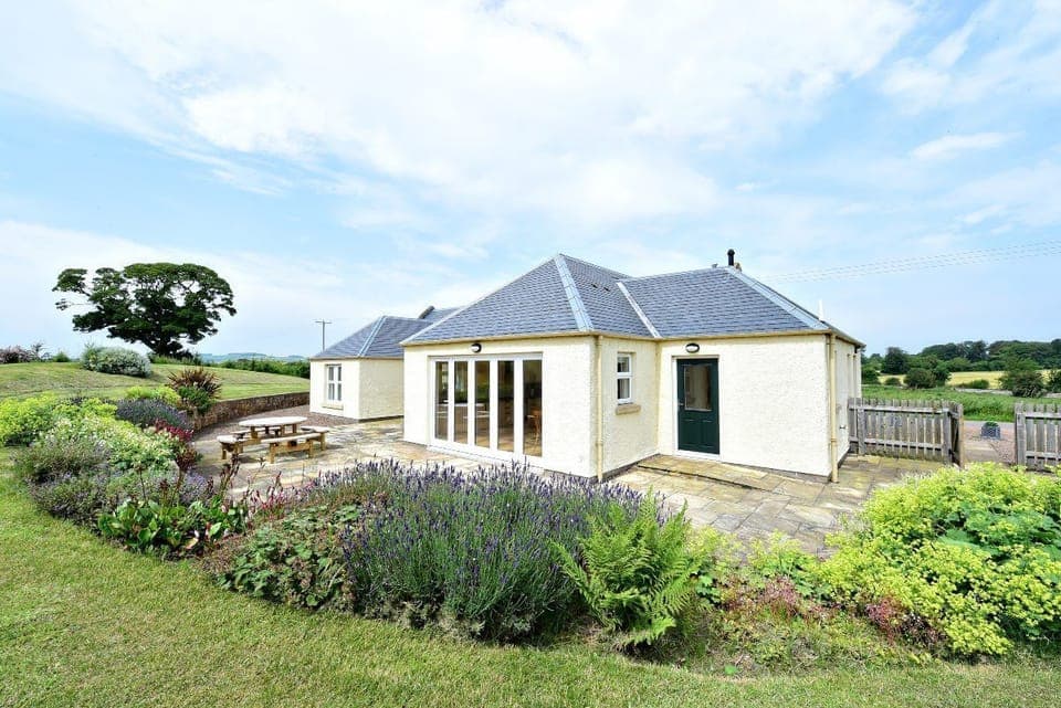 Hawthorn House - view of the property from the enclosed lawned garden with pretty shrubbery and patio area