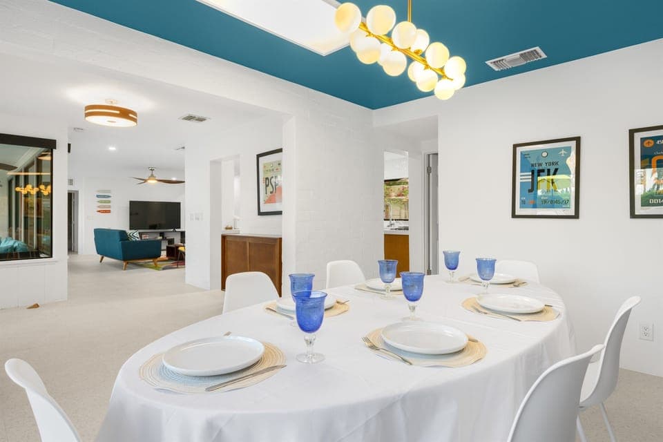 Dining, kitchen, and living area