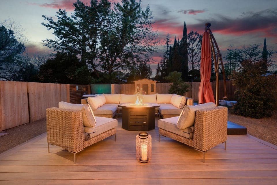 {Backyard} Stargazing deck with luxury seating — gather around the fire pit under Sedona’s breathtaking night skies.