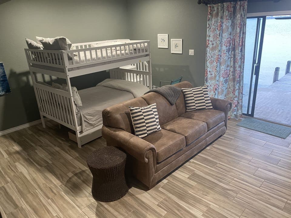 Downstairs full over full bunk bed and pull out couch. 