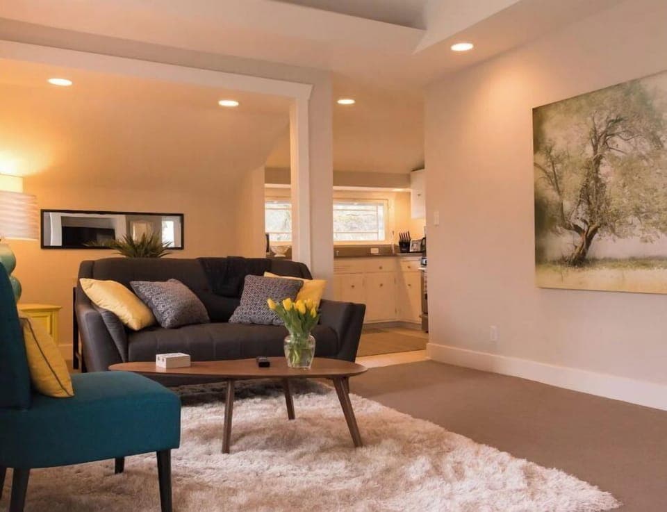 Designer furniture, custom art, adjustable lighting throughout.