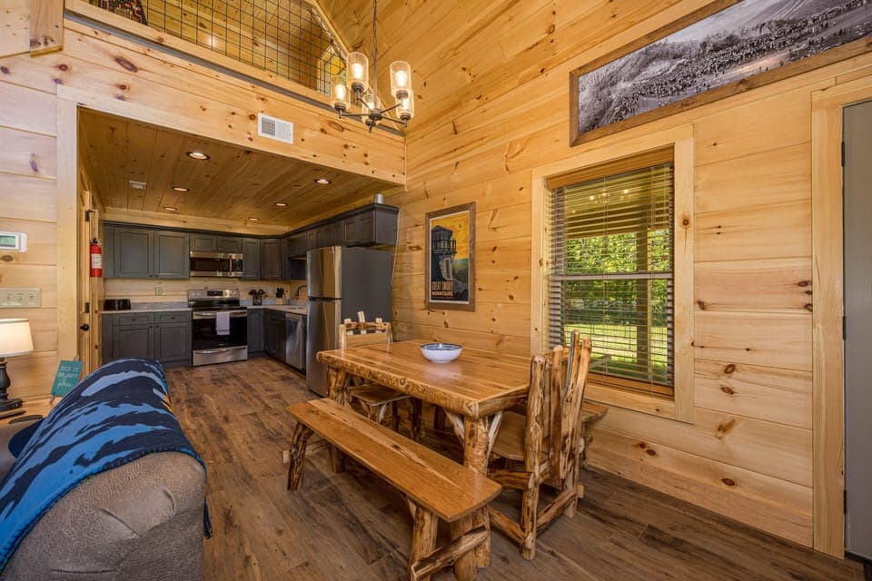 Dining area and fully equipped kitchen. We have all your basics plus some extras like a pancake griddle and crock pot. 