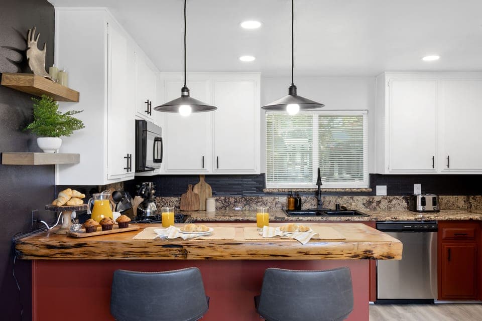Spacious kitchen with breakfast bar.