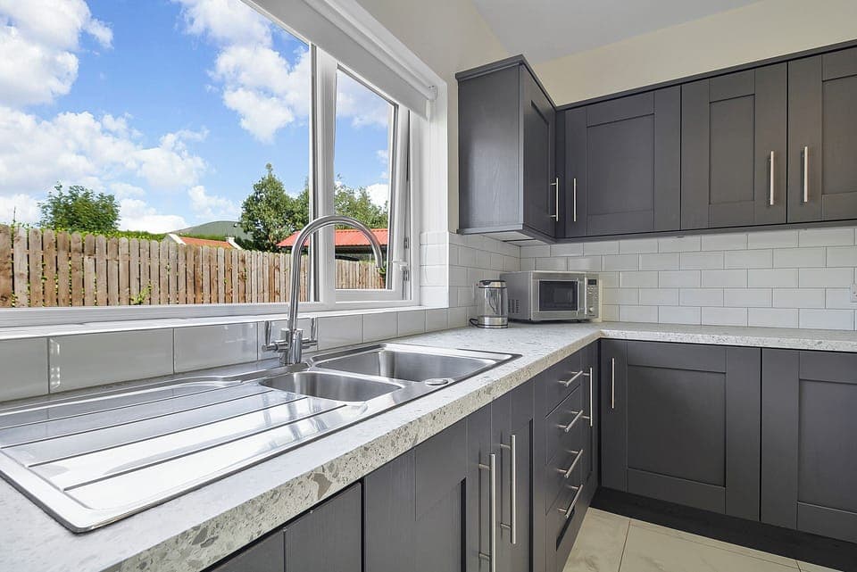 Kitchen with backyard view