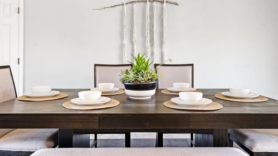 Dining room table with 4 chairs and a bench. Table extends if needed!