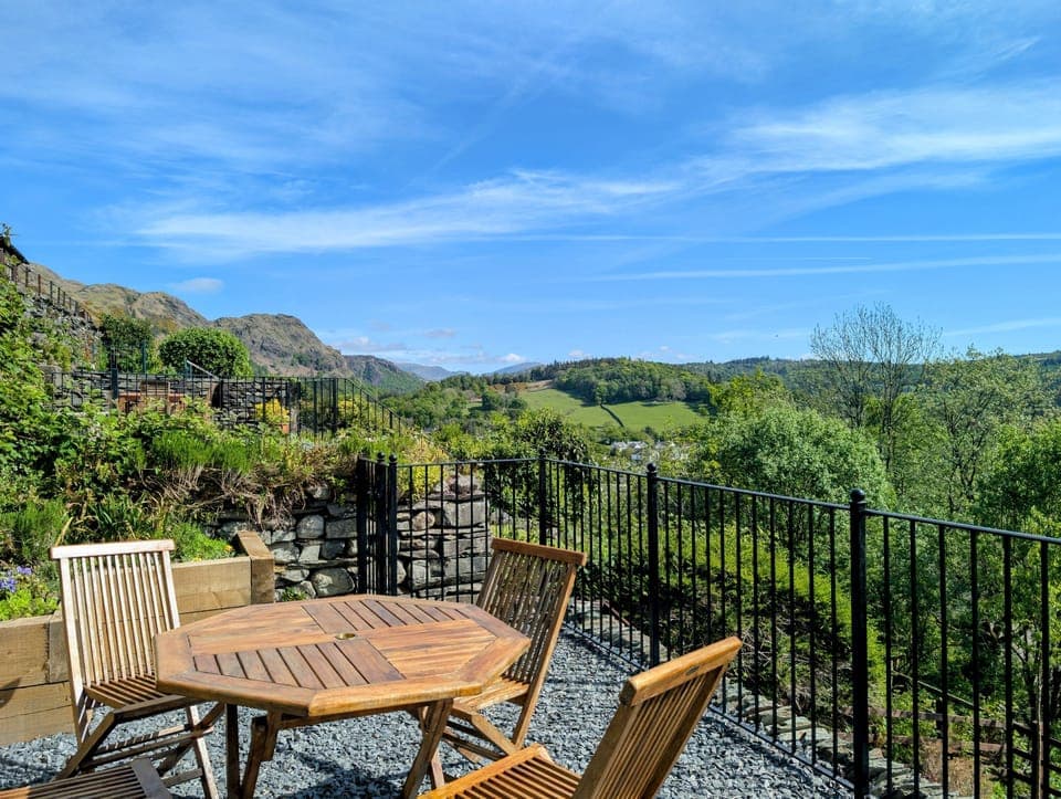 Coniston View terrace garden with views of Lake District fells