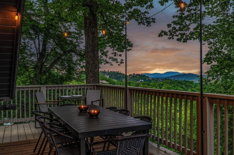 Breath-taking mountain view on our string-lit deck