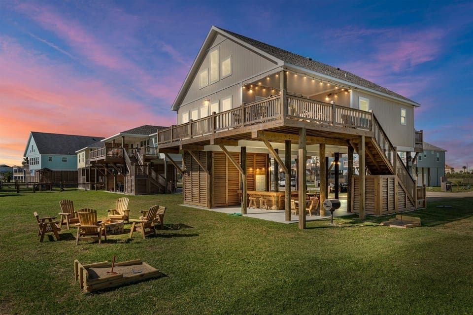 Enjoy the fire pit while playing horseshoes and grilling on the charcoal grill