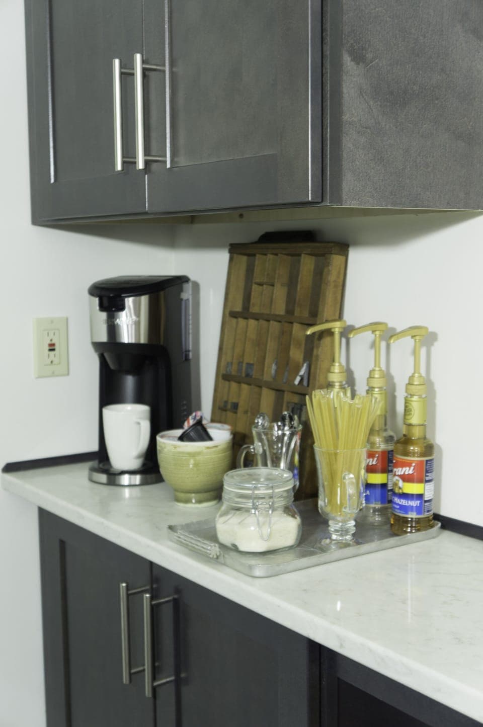 Fully stocked coffee/tea bar.