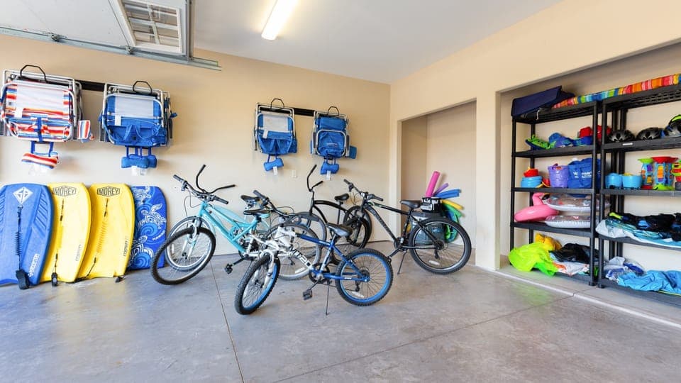 Garage full of beach gear and bikes