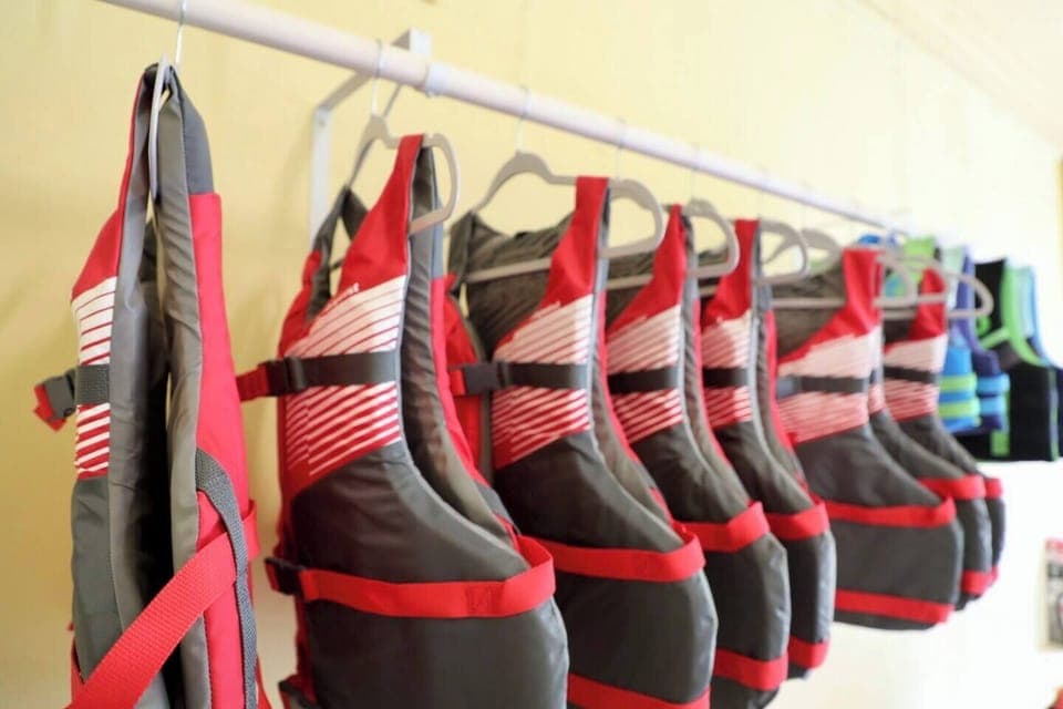 Lifejackets available in the garage. 8 adult sizes and 4 kid sizes.