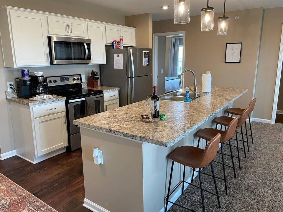 Our kitchen is sparkling clean and fully stocked with kitchenware...from the basics (dishes, pots, pans, silverware, etc.) to the extras (crock pot, coffee makers, etc.)
