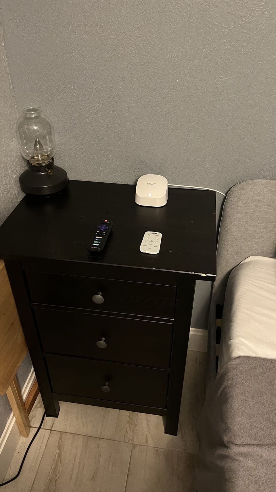 Night stand with 2 remote controls (1 AC and 2nd TV) and three wifi extender 