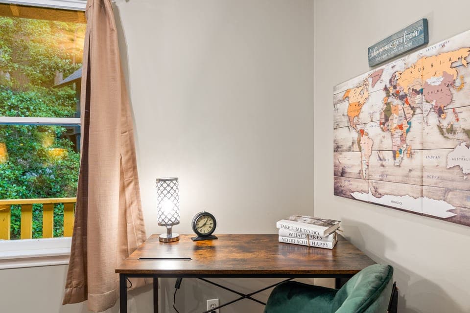 Both levels have a desk and comfortable chair so you can get work done before or after play. Be sure to mark your spot on the map with the pins provided in the pocket, and drop us a note in the guest book!