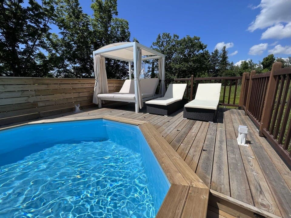 Water, Sky, Cloud, Azure, Swimming Pool, Tree, Wood, Outdoor Furniture, Shade, Rectangle
