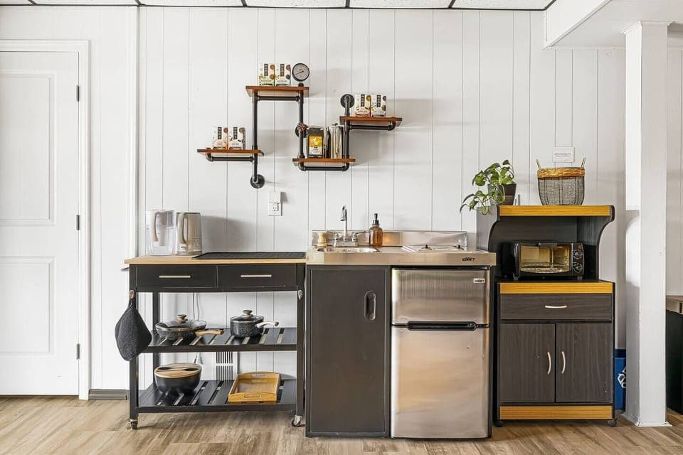 Enjoy the cozy of your stay while also having the ability to prepare meals for yourself whenever you please. Functional kitchenette with two burner stove, mini sink, refrigerator and freezer.