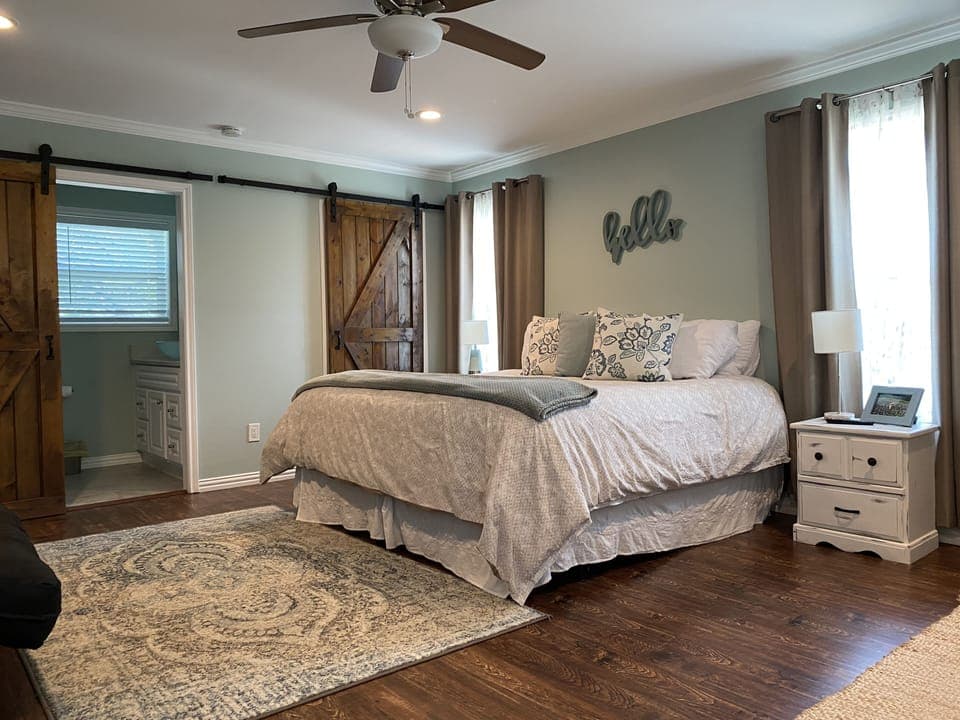 Main bed is a luxurious king.  