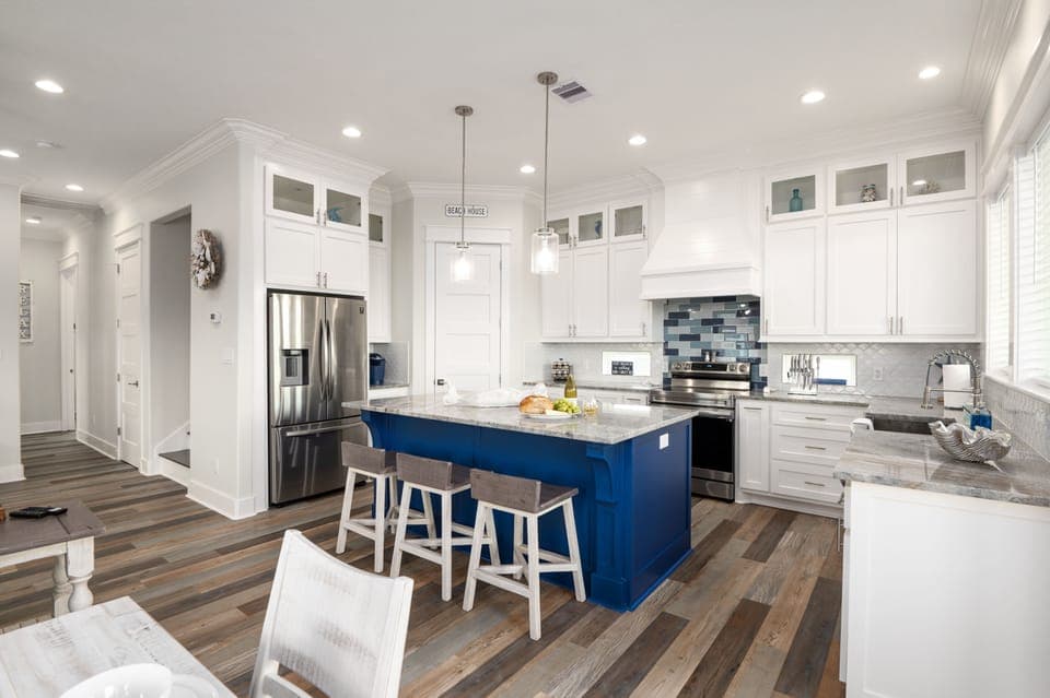 Open spacious kitchen with island seating.