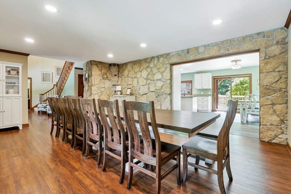 Amish made dining table and chairs, seats 16