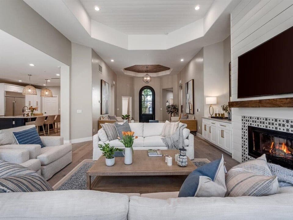 Open floor plan with a circular flow is optimal for living and entertaining.