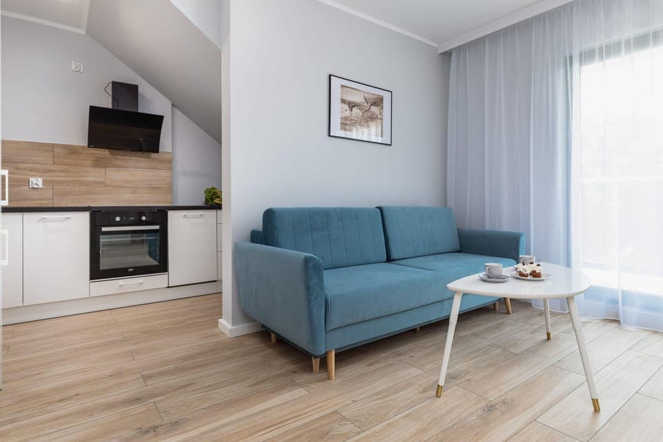 The living area features a sleek coffee table and a flat-screen television.