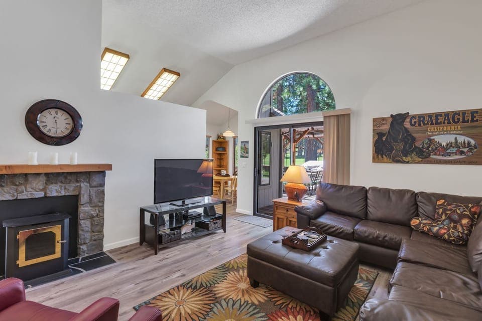 Open living room with cozy fireplace