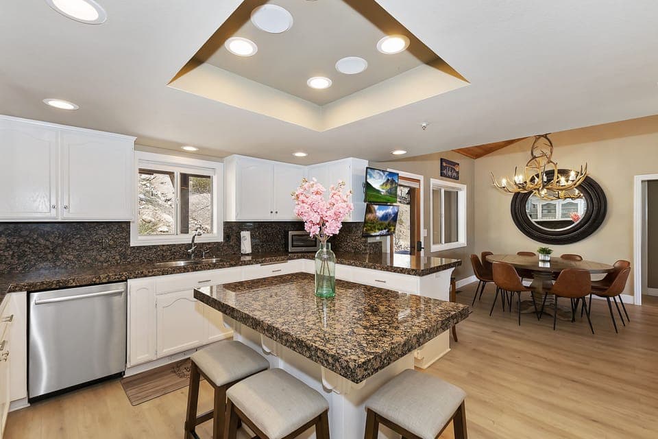 Open kitchen with dining room.