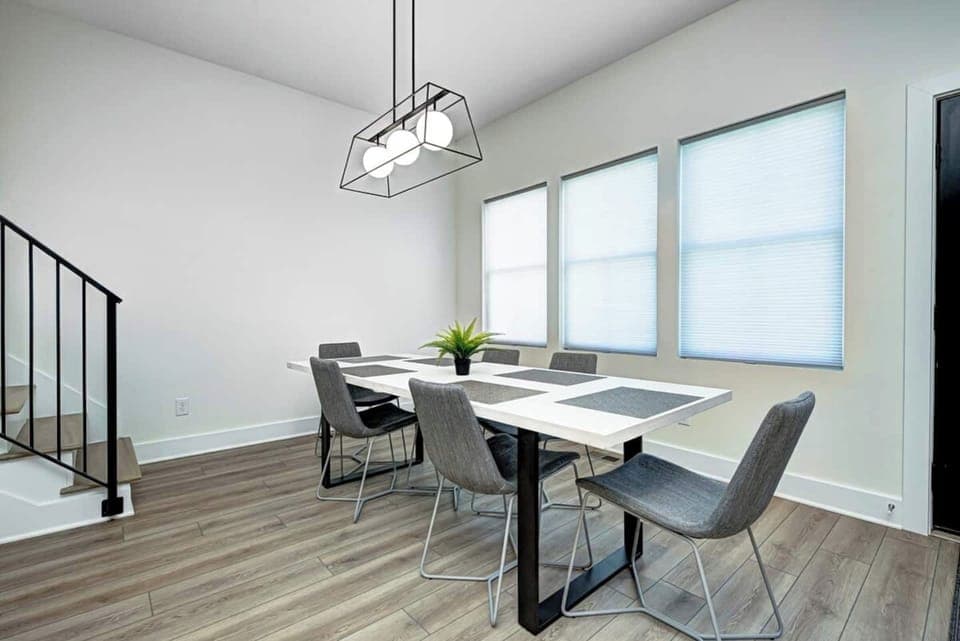 The dining table seats 6.