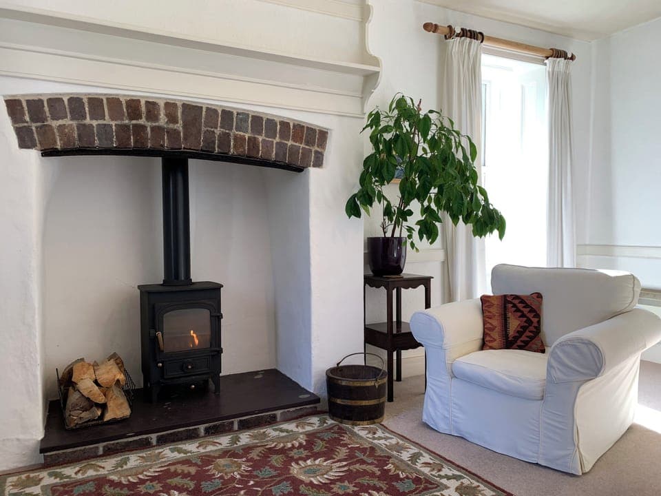 living room with wood burning stove and garden and sea views