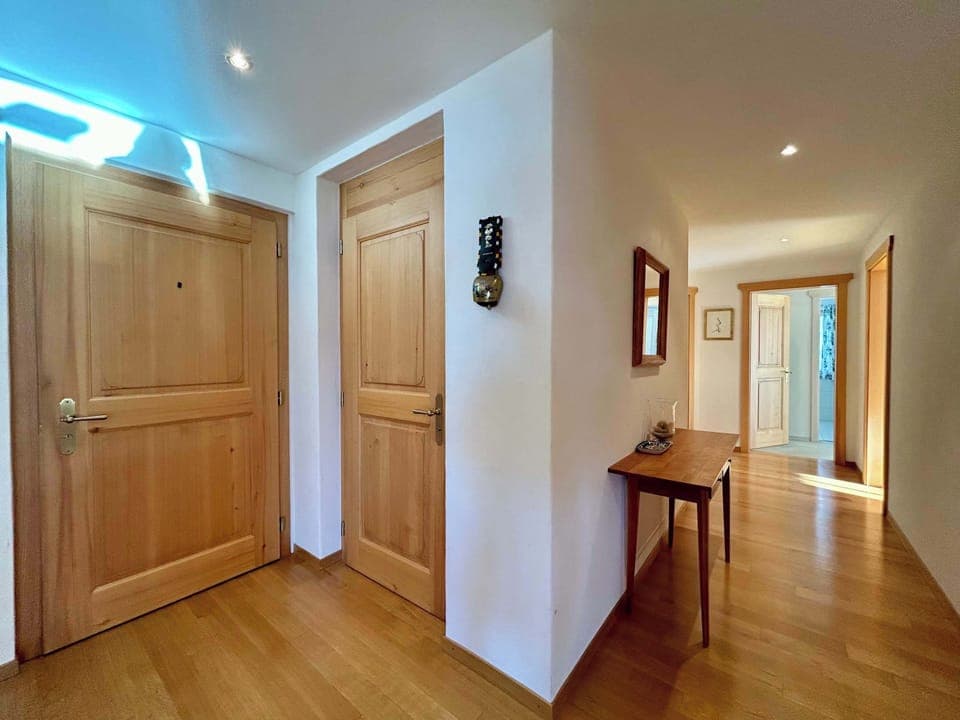 entrance to the chalet by front door and elevator going to the ground floor with the garage and small unit 