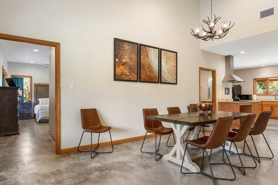 The ranch's dining room is situated conveniently close to the kitchen for family mealtime gatherings.