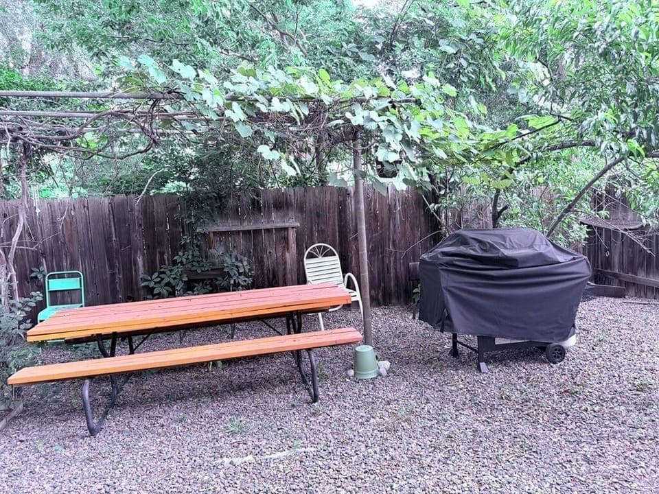 🌿 “Grill, chill, and grapevine thrills.” Unwind under the leafy pergola with a sizzling BBQ and a picnic table perfect for gathering.