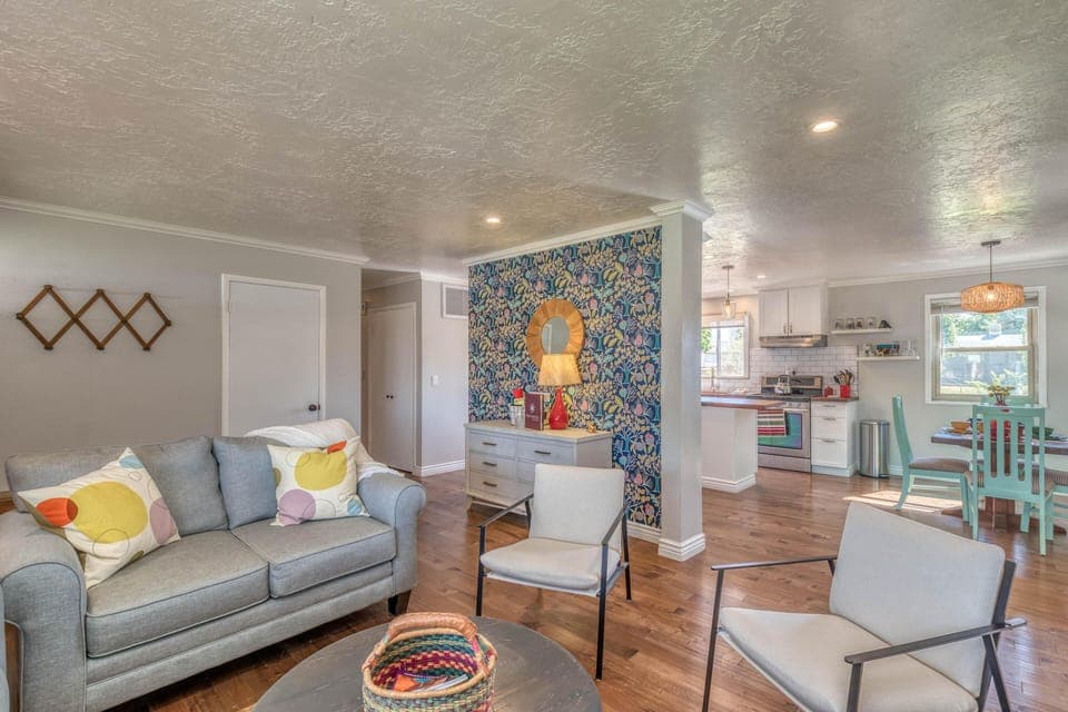A bright and inviting living room, perfect for relaxing after a day of adventure.