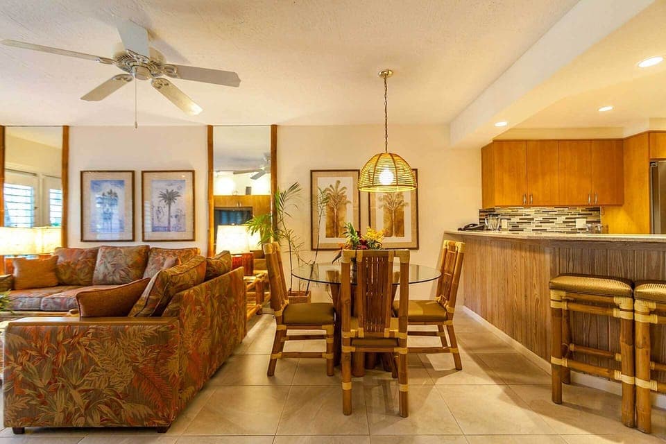 Dining table and living room.