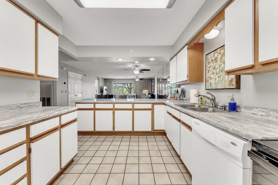 Spacious and well stocked kitchen. 