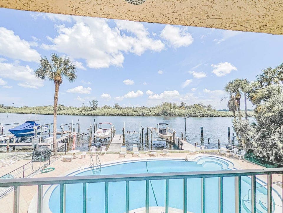 Waterfront view of the pool from the balcony.