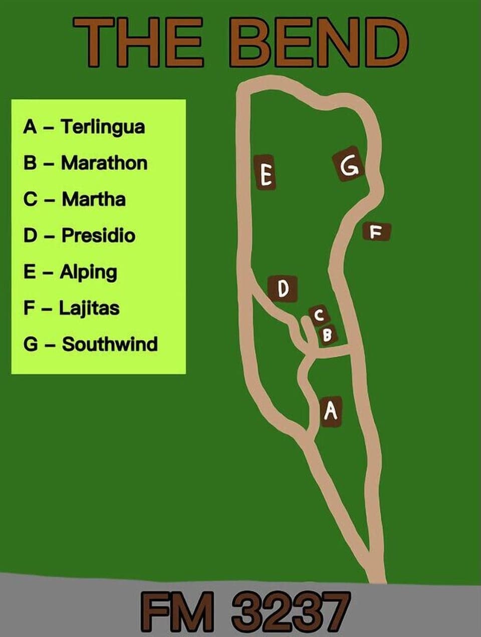 Map of the Bend property showing the location of all the cabins/house and proximity to each other.