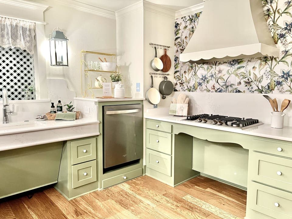 wheel-under kitchen sink & stove, elevated dishwasher and remote control vent