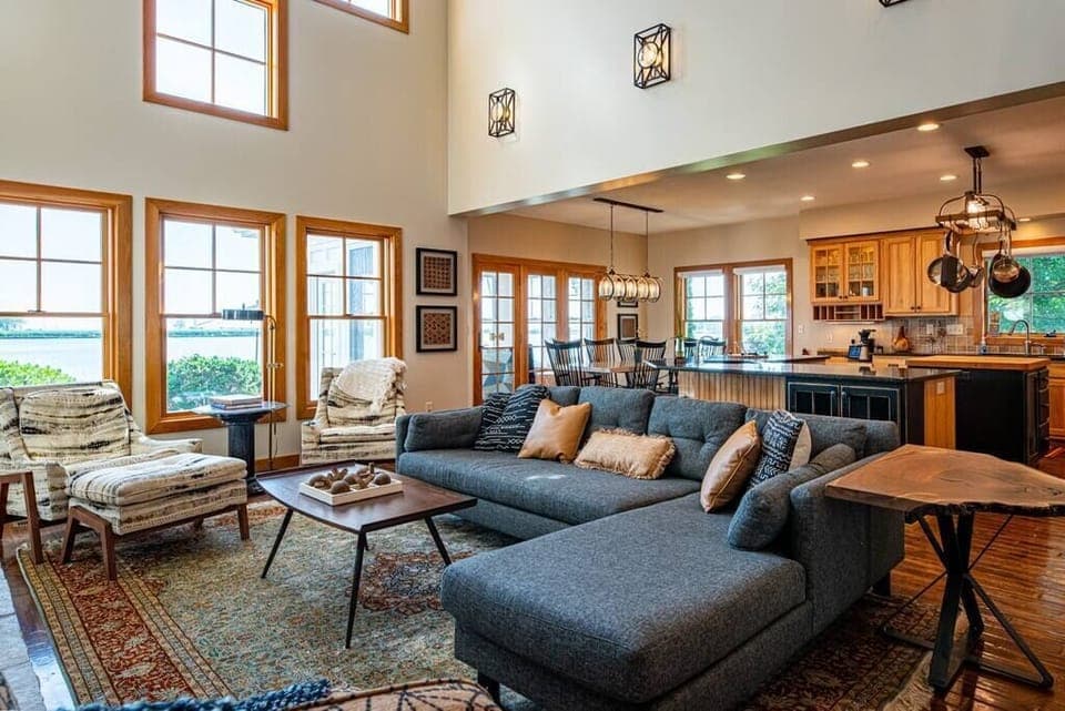 Living room looking into dining area and kitchen.