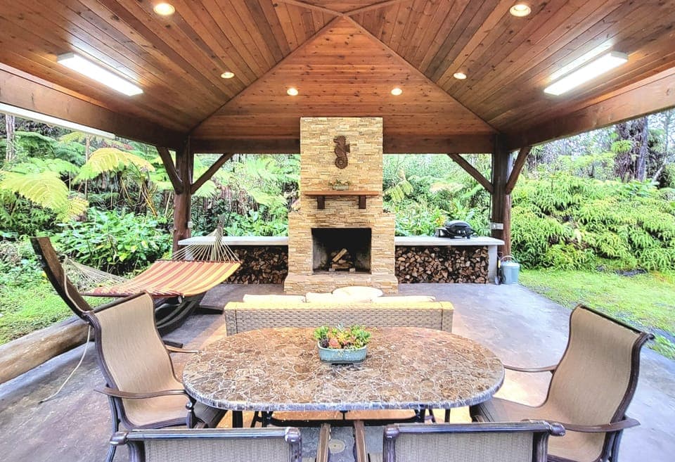 Outdoor Pavilion with Fireplace, Sitting & Dining Areas