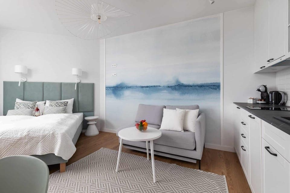 An overview of the studio space, showcasing a seamless flow between the bed, kitchenette, and living area.